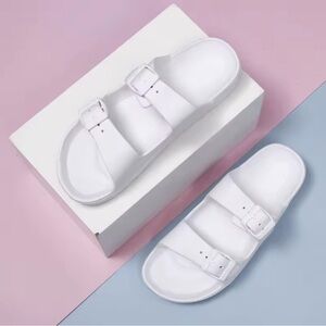 White Double Buckle Slide Sandals EVA Summer Slides Comfort Beach Casual Sandals
